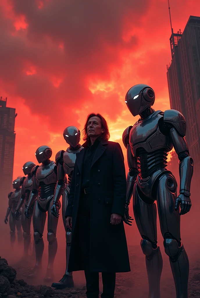 Argentine President Javier Milei and Elon Musk leading an army of evil robots