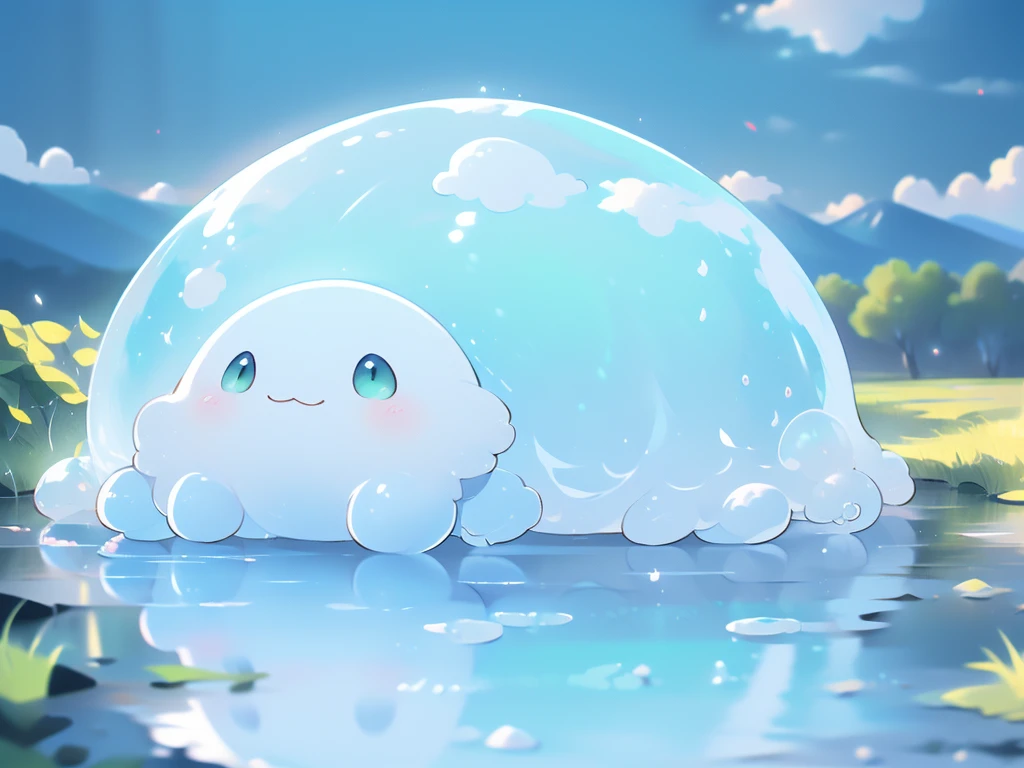 ((masterpiece)), ((Highest quality)), ((Realistic feel)), ((landscape:1.6)), ((A woolen path leading to the blue sky, Light color)), (Egg-sized angel, a small, fluffy Pokémon resembling a cotton ball, with a cloud-like body. It features large, bright eyes and white leaf-like antennae. The overall color palette is soft with shades of white and Sky_blue, lower body is covered by fluffy white clouds, creating a whimsical, cute appearance. The background is a serene, nature-inspired setting, highlighting its playful and gentle personality), Pastel Color Spectrum,Tilt Up, Immersion, The sky is high, The sky is wide, The background is fresh green, Cool green shades, The sun shines, Different dimension space, Fractal Art, Scheimpflug, High Contrast, Highest quality, Highest Resolution, Ultra-detailed, Super beautiful graphics