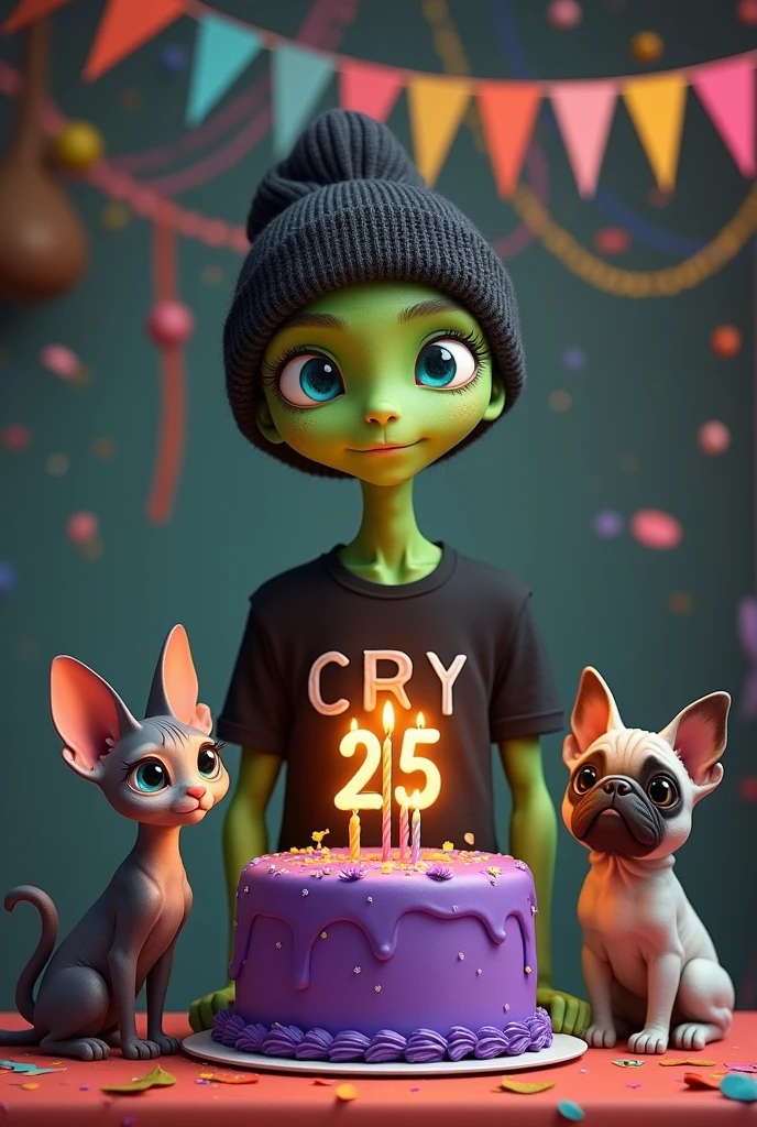 small green male alien, with a tender face, blue eyes, dressed in a black beanie, Black t-shirt with the name CRY, with a purple cake with a 25th birthday candle, accompanied by a gray Sphynx cat and a pug dog, with the phrase at the top happy birthday Cri Cri, realistic, intricate details.