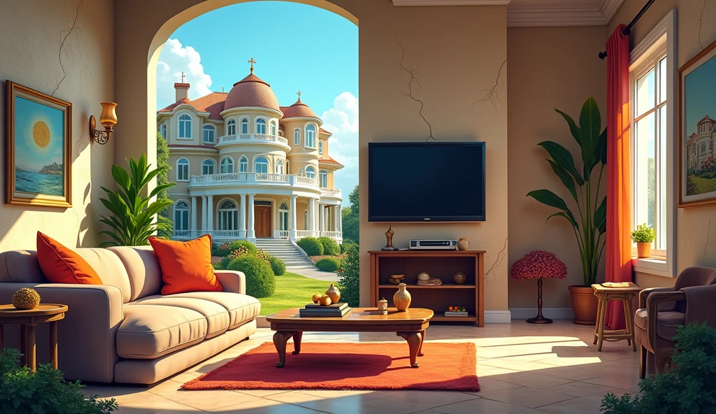 Here’s a prompt for a thumbnail focusing on the contrast between a rich home and a poor home:

"Create a split-screen cartoon-style thumbnail depicting two contrasting homes. On the left side, illustrate a luxurious, modern home with lavish furnishings, a large sofa, expensive decor, and bright lighting. The room should feature a large flat-screen TV, a fancy coffee table with decorative items, and a background view of a grand, well-maintained house with a garden.

On the right side, depict a modest, simple home with bare essentials. The room should have a basic wooden stool, an old table, and simple, worn-out furniture. The lighting should be dim, and the walls can be slightly faded or cracked. The background should show a small, rundown house, possibly with a dirt yard. Both scenes should highlight the stark difference in living conditions between the rich and the poor."