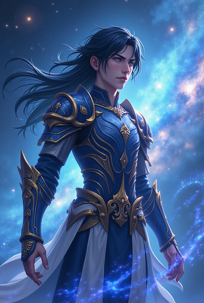 put the name: (The Eminent Divine Spirit), written in the drawing. Create a character, TEENAGE HUMAN MALE WITH ARMOR with JAPANESE ANIME style drawing features, IN a cosmic environment, long black hair with a cobalt blue streak in one hair, cobalt blue eyes.