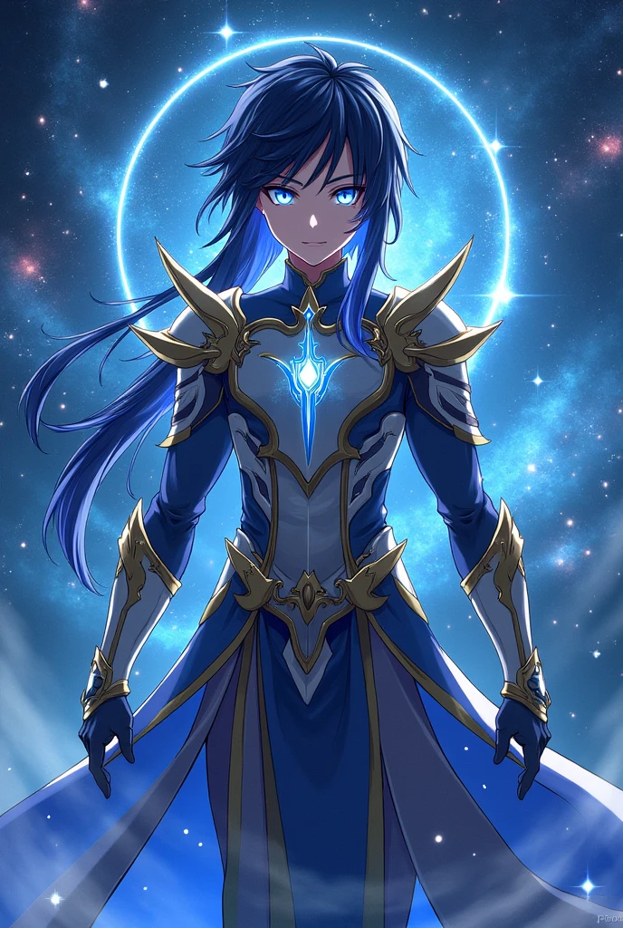 put the name: (The Eminent Divine Spirit), written in the drawing. Create a character, TEENAGE HUMAN MALE WITH ARMOR with JAPANESE ANIME style drawing features, IN a cosmic environment, long black hair with a cobalt blue streak in one hair, cobalt blue eyes.