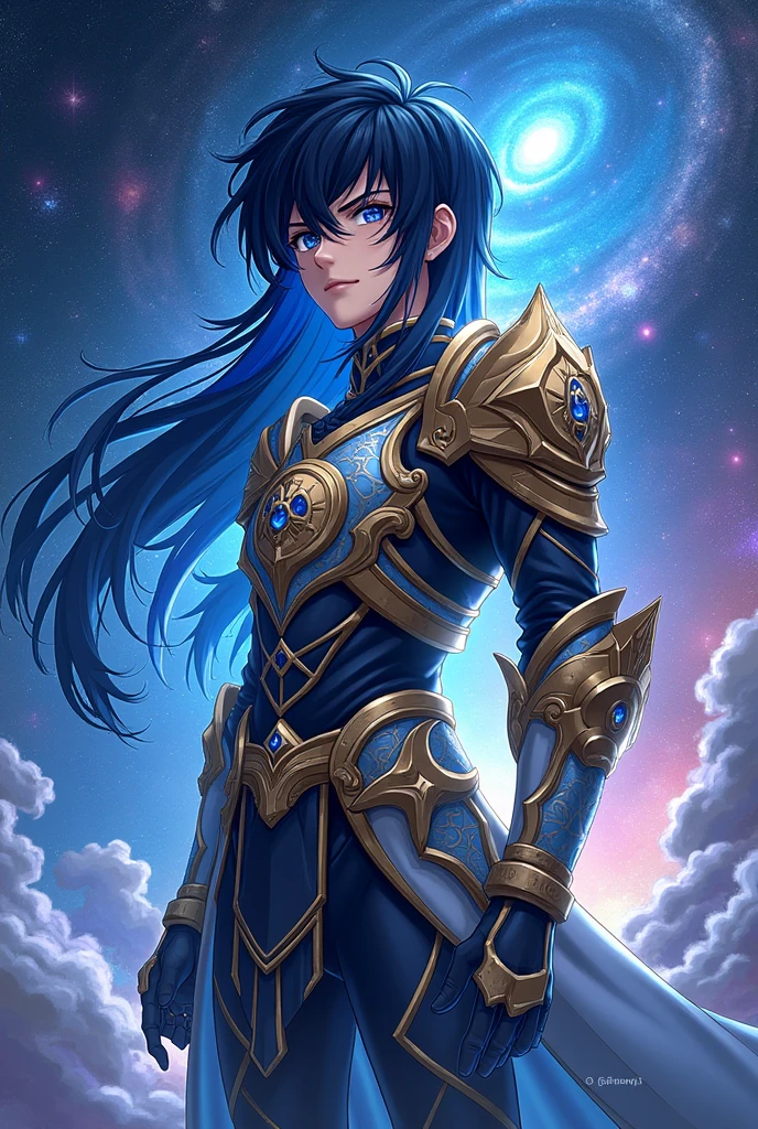 put the name: (The Eminent Divine Spirit), written in the drawing. Create a character, AGE HUMAN MALE WITH ARMOR with JAPANESE ANIME style drawing features, IN a cosmic environment, long black hair with a cobalt blue streak in one hair, cobalt blue eyes.