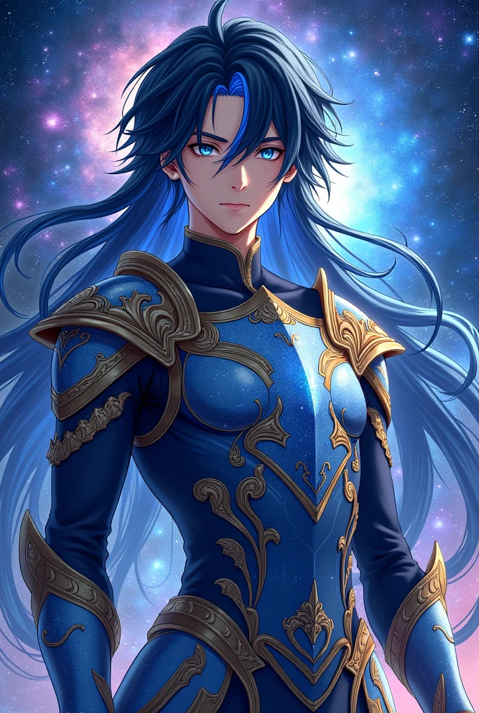 put the name: (The Eminent Divine Spirit), written in the drawing. Create a character, TEENAGE HUMAN MALE WITH ARMOR with JAPANESE ANIME style drawing features, IN a cosmic environment, long black hair with a cobalt blue streak in one hair, cobalt blue eyes.