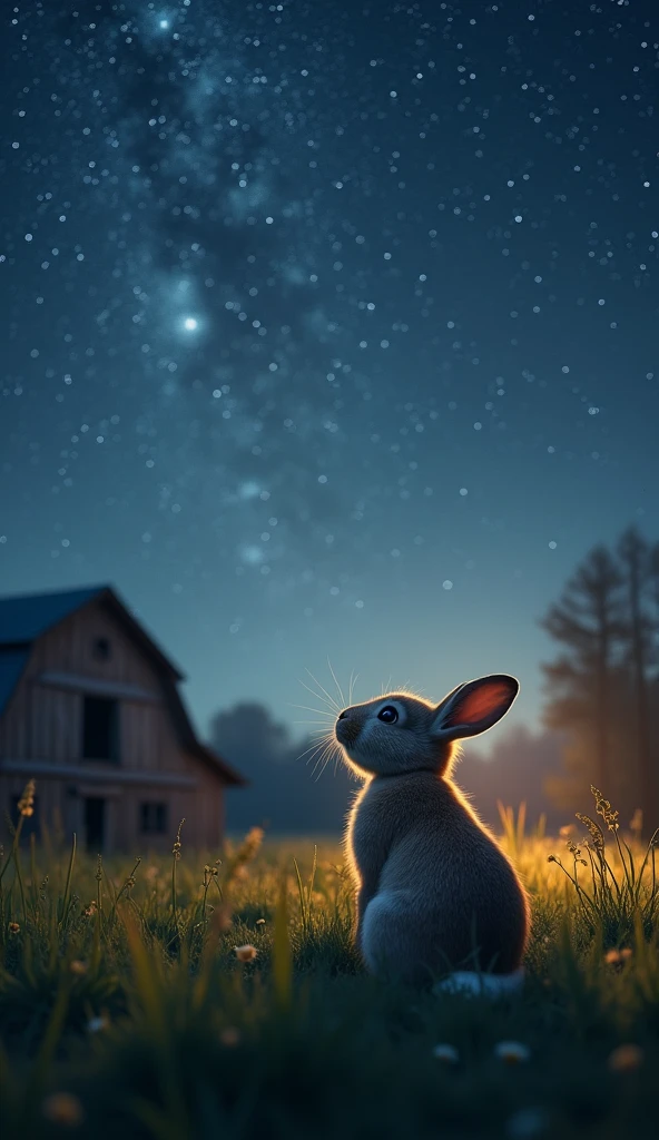 Beautiful detailed starry sky in focus, rabbit looking up, rural farmhouse in the grass, (Highest Quality, 4k, 8k, High Resolution, Masterpiece: 1.2), Ultra Detailed, (Realistic, Photorealistic, Photorealistic: 1.37), Highly detailed night sky, glowing stars, fluffy rabbit, rabbit looking up, detailed grass, unlit barn, late night, serene rural landscape, subdued lighting, cinematic composition, few colors in the palette,