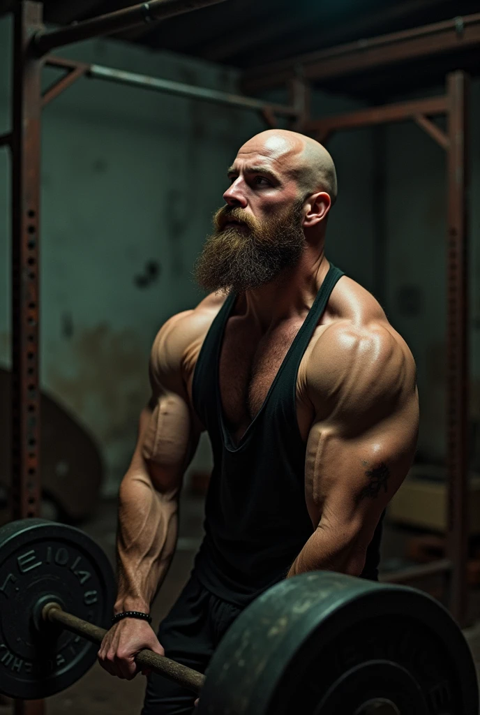 Bald man, scruffy beard, stark, brawny, training, gym, bíceps, dark place.