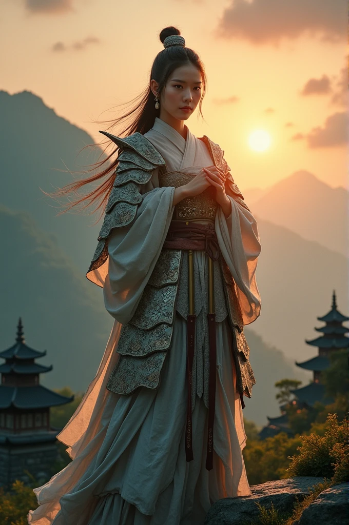 Female knight in Hanfu covers her face with a thin silk cloth 