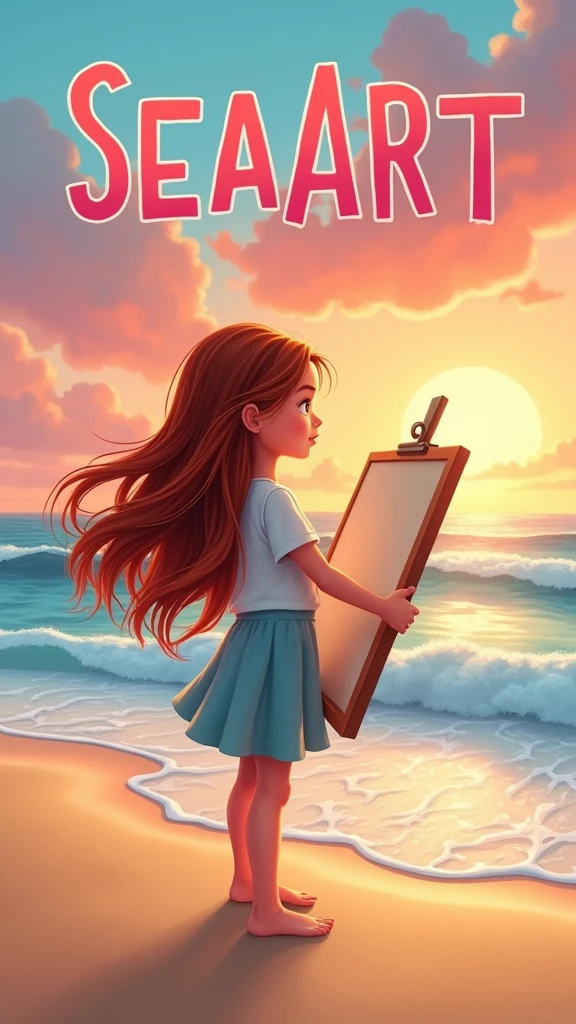 A poster,A girl holding a drawing board and drawing,at the seaside,Text writing SEAART