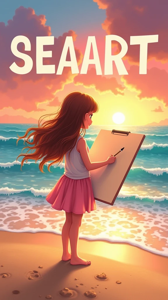 A poster,A girl holding a drawing board and drawing,at the seaside,Text writing SEAART