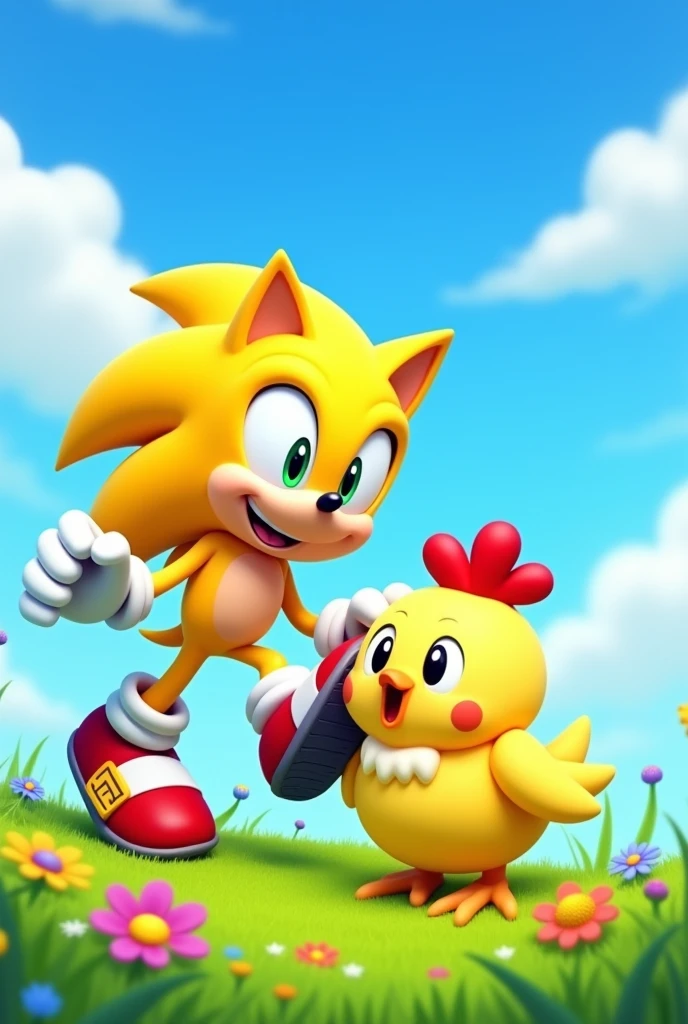 Yellow Sonic stepping on a little spotted chicken