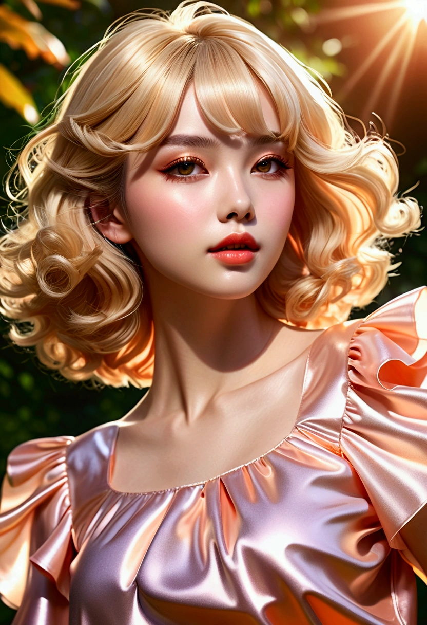 Realistic three-dimensional texture, vivid silhouette, (Shiny layered wide frill blouse, One-piece dress with puff short sleeves), A woman with a beautiful face, with glossy pale skin and hazel eyes._Orange color makeup, Glossy pink lips, soft starlight, Dance with a dreamy expression as if you are dreaming. (Parted bangs that flow down the forehead, Blonde long hair, Full head of hair, Shiny hair), Camera angle capturing the upper body above the hips, clear resolution, Clear picture quality, realistic atmosphere, Bright Themes, 초realistic atmosphere, (vivid silhouette, masterpiece, best quality), Blurry nature background.