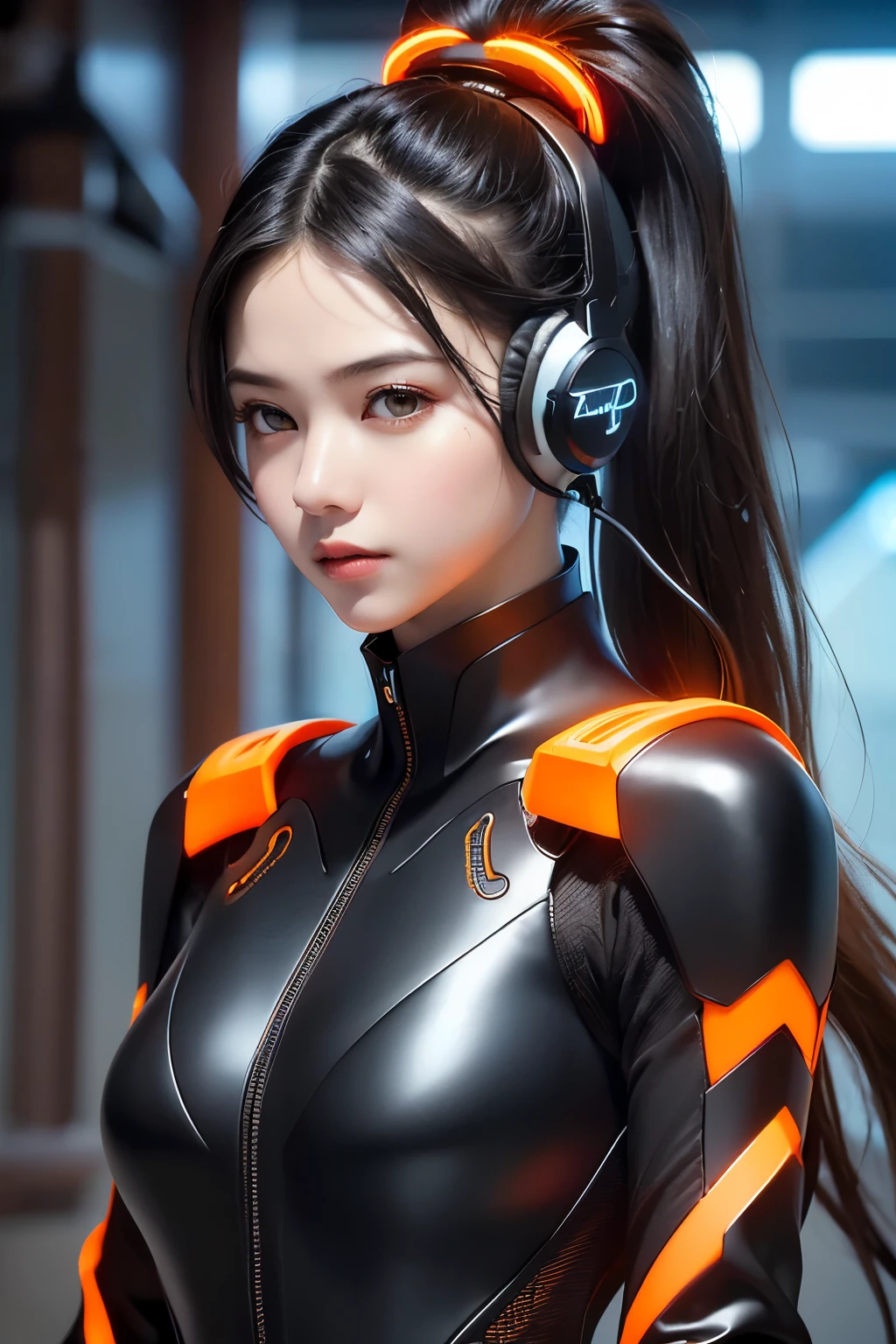 Top Quality, Masterpiece, Ultra High Resolution, (Photorealistic: 1.4), Raw Photo, 1 Girl, Black Hair, Glossy Skin, 1 Mechanical Girl, (((Ultra Realistic Details)), Portrait, Global Illumination, Shadows, Octane Rendering, 8K, Ultra Sharp, Intricate Ornaments Details, realistic skin, sweat effect, ((wearing Headphone)), very intricate detail, realistic light, CGSoation trend, brown eyes, glowing eyes, matte black and glossy orange mechanical bodysuit, Long hair, black hair, Ponytail hair, full body shot, spaceship bridge background, dynamic pose,
