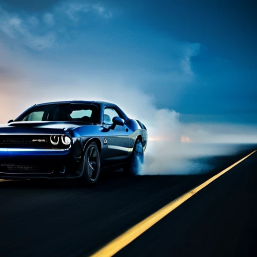 A black dodge challenger with flames of shades of blue, is driving on empty highway, dark outside, headlights glow blue, colorful light, car fully visible, glowing blue, blue highlights, subtle fog, epic, zoomed out, is facing viewer at a 45 degree angle