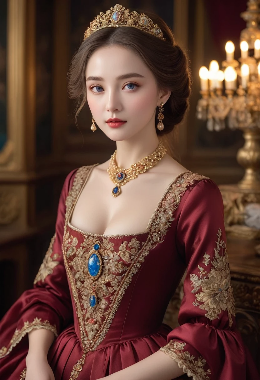 (best quality,4K,8K,high resolution,masterpiece:1.2),Extremely detailed,(Practical,photoPractical,photo-Practical:1.37),portrait,,Pastel,personalized masterpiece,18th century,Russian,noble,Queen,High and cold,noble Daughter,,Extremely beautiful,Face,Has dark blue eyes,Delicate nose,Sweet mouth,Porcelain skin,红扑扑的Face,Long flowing brown hair,Burgundy silk dress,Elegant Posture,Fine Jewelry,Embroidered lace collar,Grand Background,Rich interior,Faint golden light