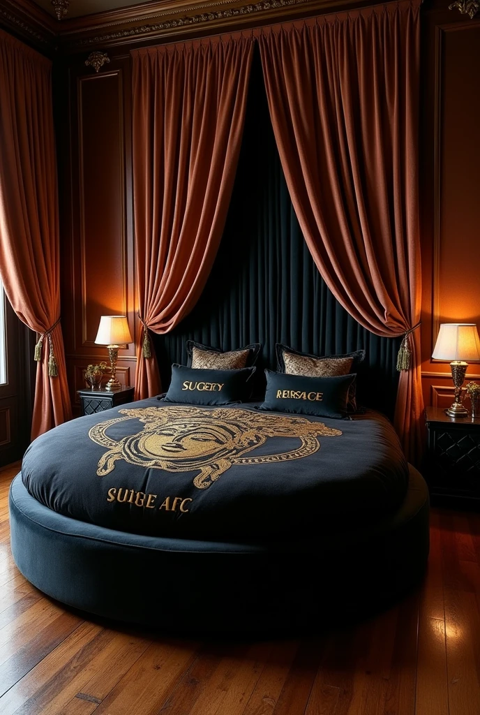 Round shaped bed and black Versace king size duvet with Sugey's name in gold
