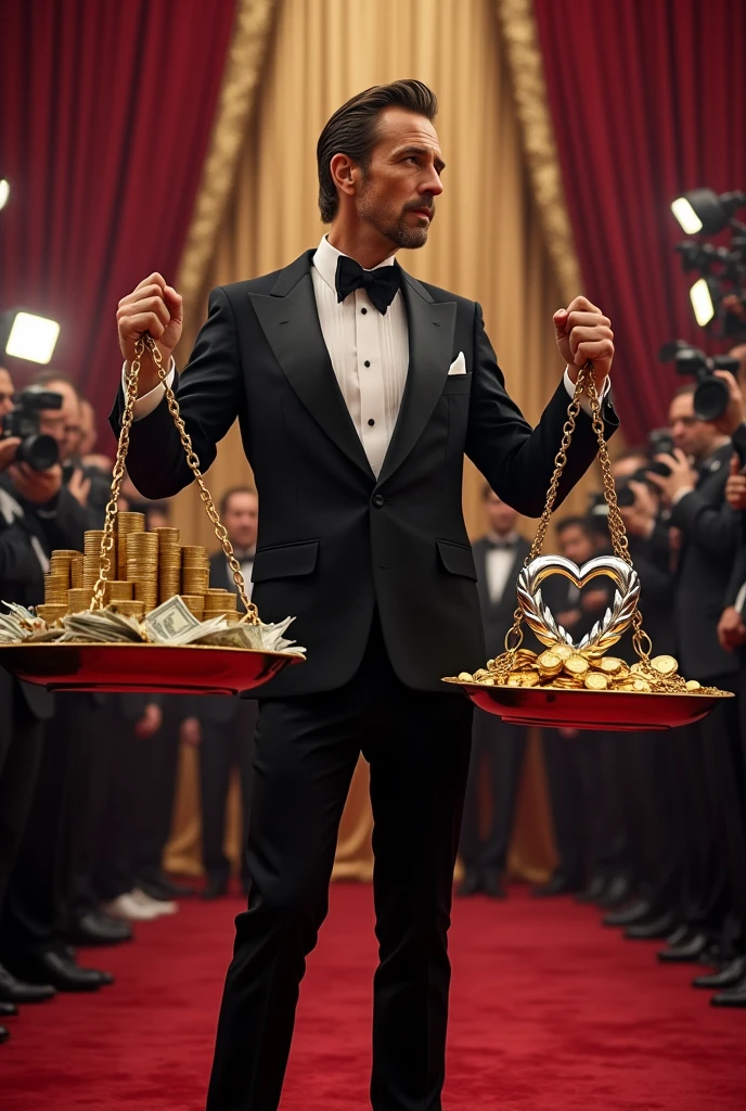 A famous actor holding a scale with one side full of money and the other side with a symbol of ethics or truth could well illustrate the dilemma between profit and integrity in cultural production.