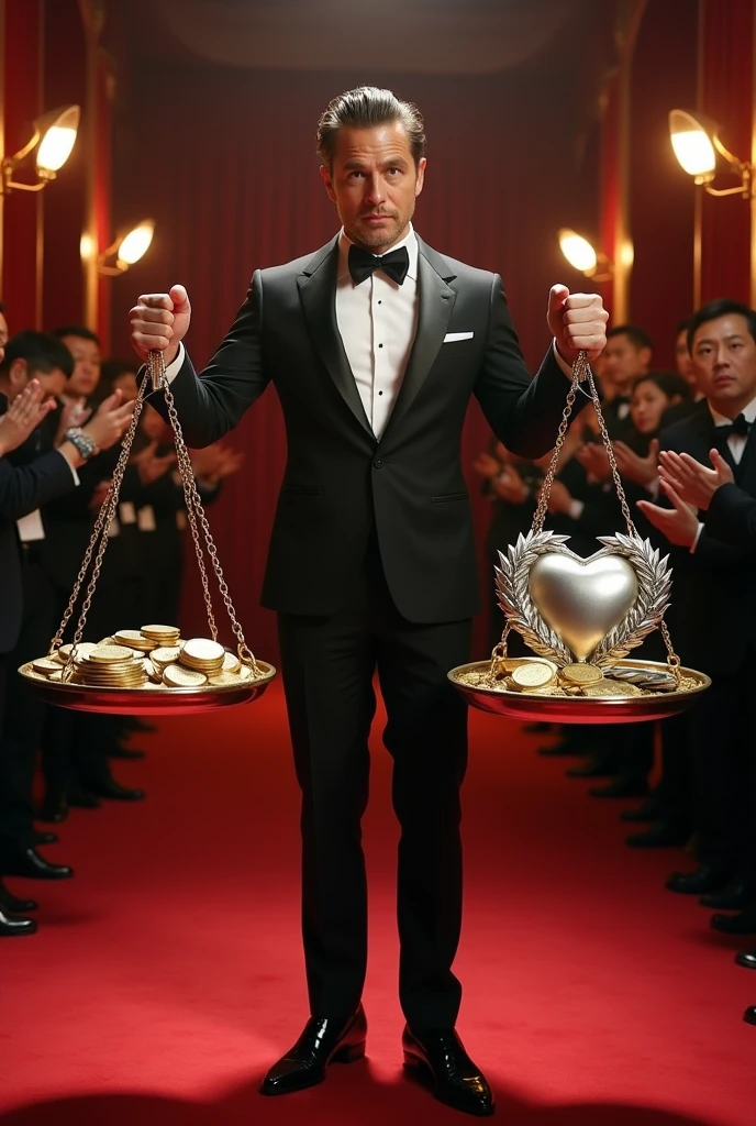 A famous actor holding a scale with one side full of money and the other side with a symbol of ethics or truth could well illustrate the dilemma between profit and integrity in cultural production.