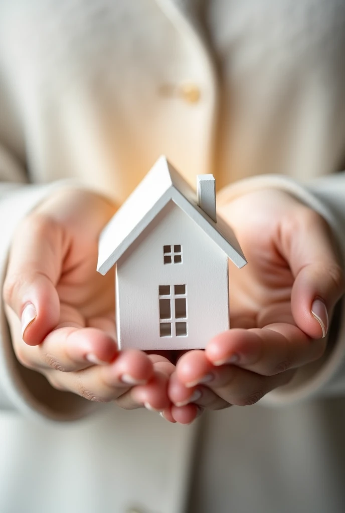 A miniature white-painted house delicately balanced on two open palms, symbolizing protection and care. The house is detailed with small windows and a sloped roof, with soft light reflecting off its pristine surface. The hands, gentle yet firm, cradle the house as if shielding it from harm, representing security and warmth. The background is a soft, neutral tone, keeping the focus entirely on the hands and the house, emphasizing the theme of guardianship and safety