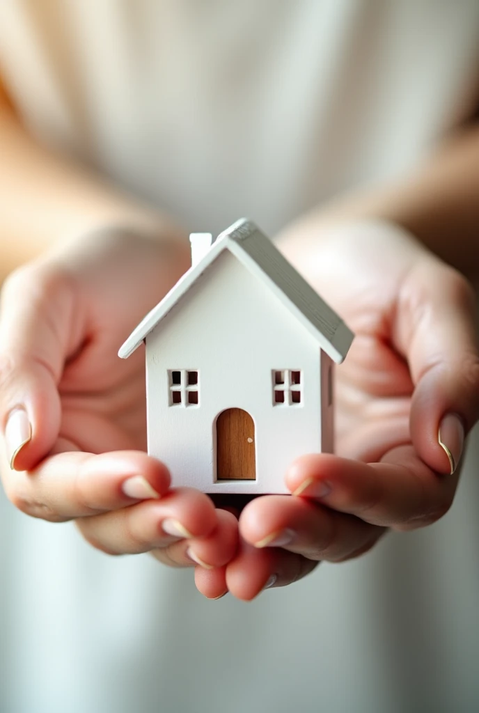 A miniature white-painted house delicately balanced on two open palms, symbolizing protection and care. The house is detailed with small windows and a sloped roof, with soft light reflecting off its pristine surface. The hands, gentle yet firm, cradle the house as if shielding it from harm, representing security and warmth. The background is a soft, neutral tone, keeping the focus entirely on the hands and the house, emphasizing the theme of guardianship and safety