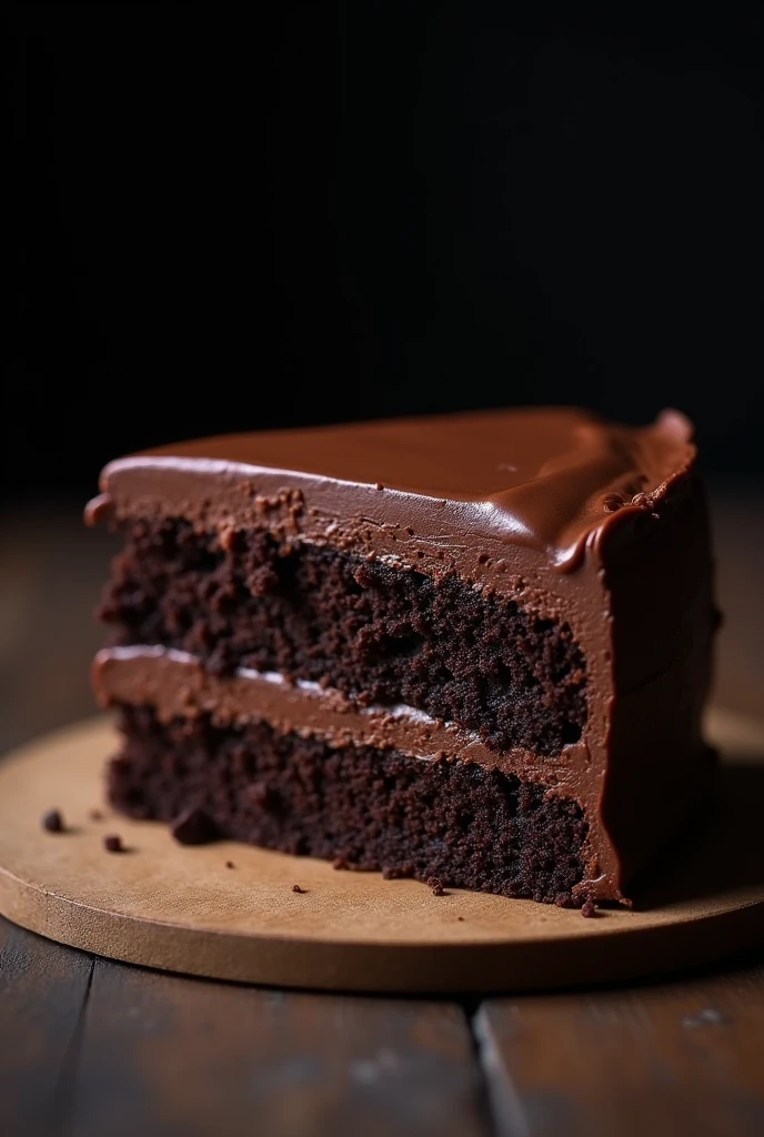 cinematic film still chocolate, chocolate cake, dark background, quality photo, moist texture, frosting, studio photo, slice . shallow depth of field, vignette, highly detailed, high budget, bokeh, cinemascope, moody, epic, gorgeous, film grain, grainy