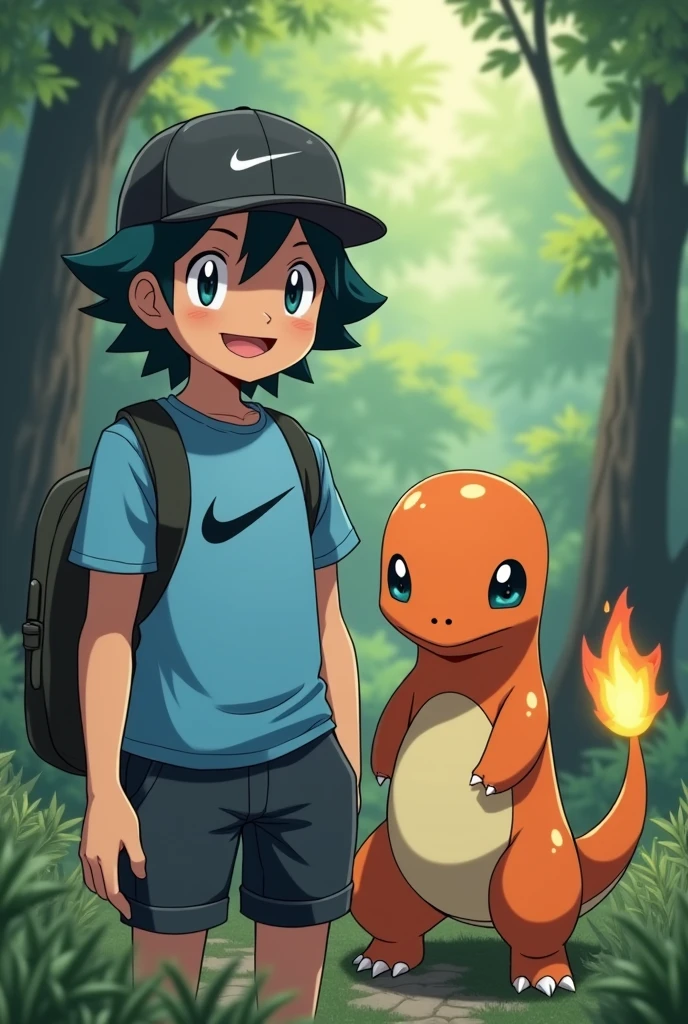 a pokemon trainer with a black cap and a nike shirt
and official pokemon art with good quality and the setting in a forest and next to it a charmander pokemon red and blue oficial hight qualidade