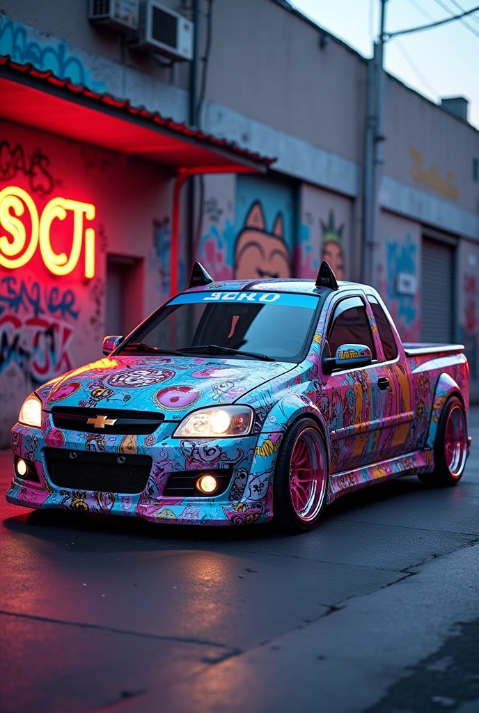 Chevrolet Corsa pick up truck year 2007 tuning with anime woman paint, sexy cat ears on the door and offset rims 