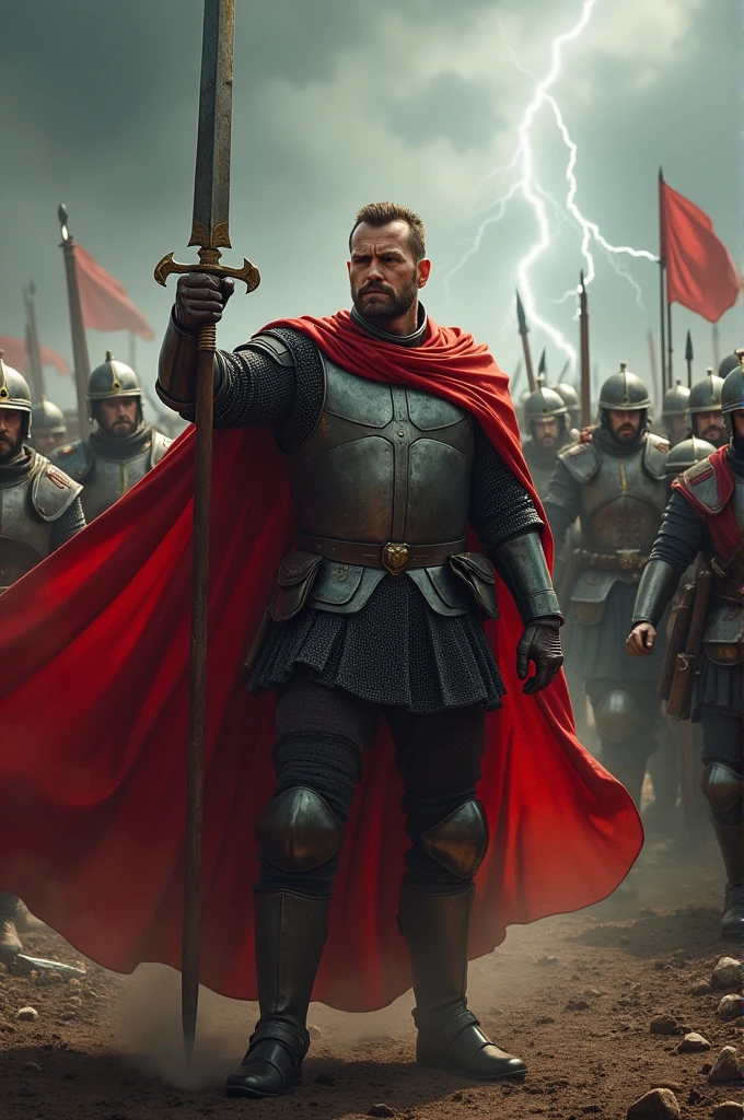 A captain in a red cape demanding his troops to hold their position and not give way to the enemy