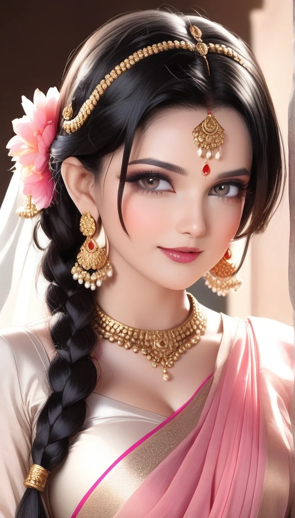 (1woman, mature, hair single braid , full sleeve blouse,light light pink bold saree, traditional Indian long jhumka earrings , detailed alluring , saggy breasts ,makeup, cleavage,pink lipstick ,black hair, eyeliner, eyeshadow,navel, cleavage