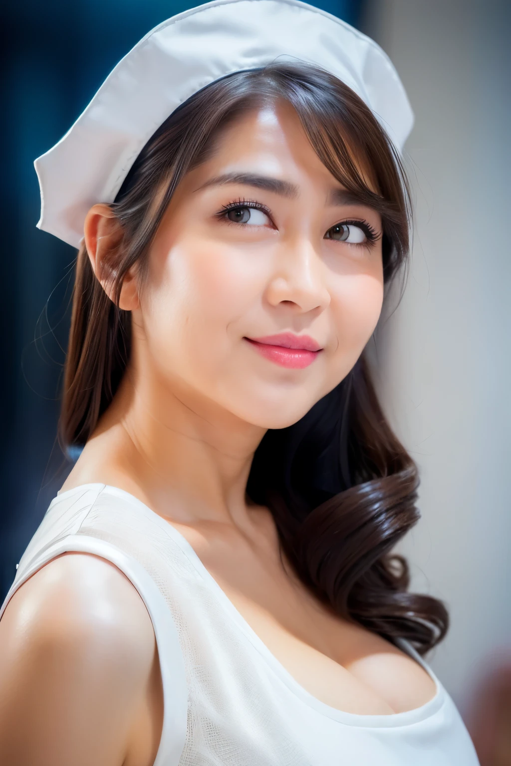 standing, (white nurse outfit : 1.3), white skirt, (white nurse hat), looking at camera, front view, long hair, bangs, (detailed face), at medical room, tempting pose, potrait body, mouth closed, light smile, black eyes, 1 girl, 20yo,Young female,Beautiful Finger,Beautiful long legs,Beautiful body, Beautiful Nose,Beautiful character design, perfect eyes, perfect face,expressive eyes,perfect balance, (looking at viewer),extremely detailed CG unity 8k wallpaper, White skin, (masterpiece:1.0), (best_quality:1.0), ultra high res,4K,ultra-detailed, photography, 8K, HDR, highres, absurdres:1.2, Kodak portra 400, film grain, (vibrant_color:1.2),professional photograph, (Beautiful,huge_Breasts:1.4), (beautiful_face:1.5),(narrow_waist)