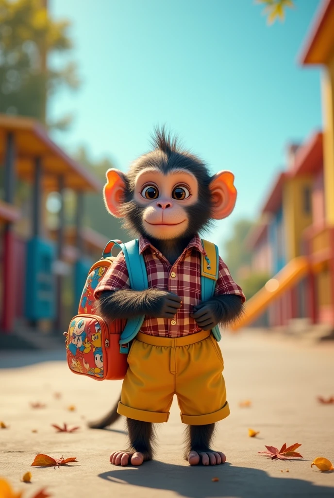 A little monkey desperately wearing school clothes and a school bag and looking at the front, the full picture, precise details, real life