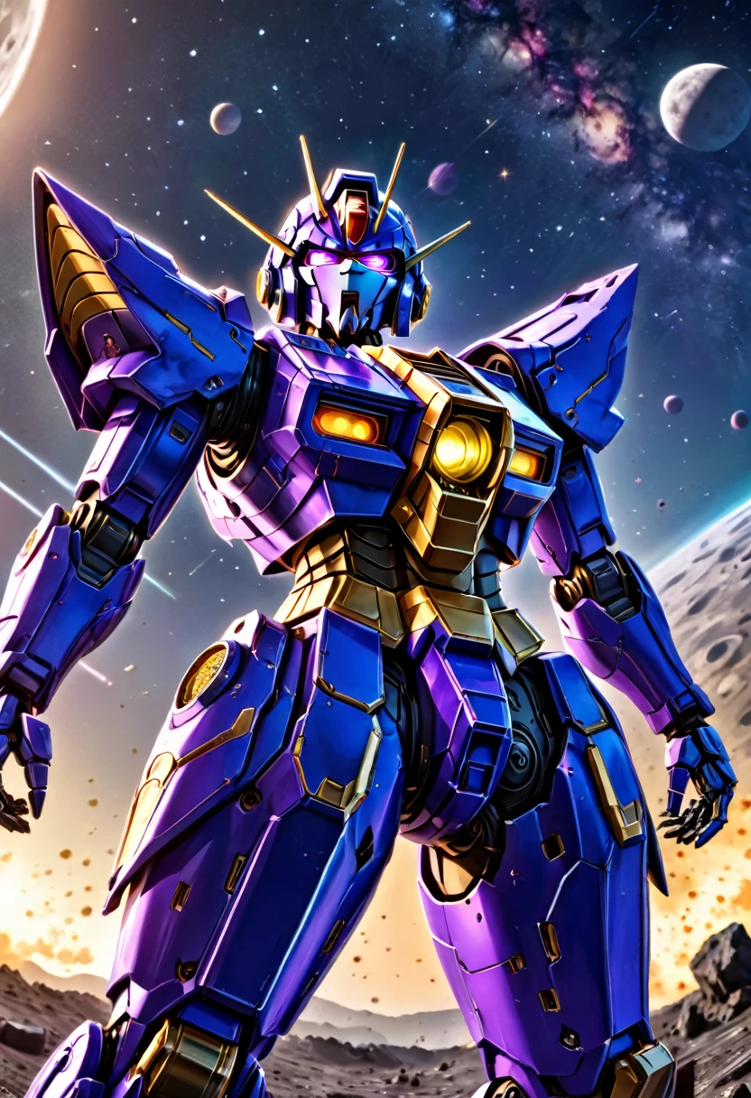 a violet gundam robot, samurai-style mecha, staring up, low camera angle behind the gundam looking up, lunar surface, raging battle in space, (best quality,4k,8k,highres,masterpiece:1.2),ultra-detailed,(realistic,photorealistic,photo-realistic:1.37),mecha,science fiction,giant robot,samurai,lunar landscape,space battle,dynamic pose,dramatic lighting,vibrant colors