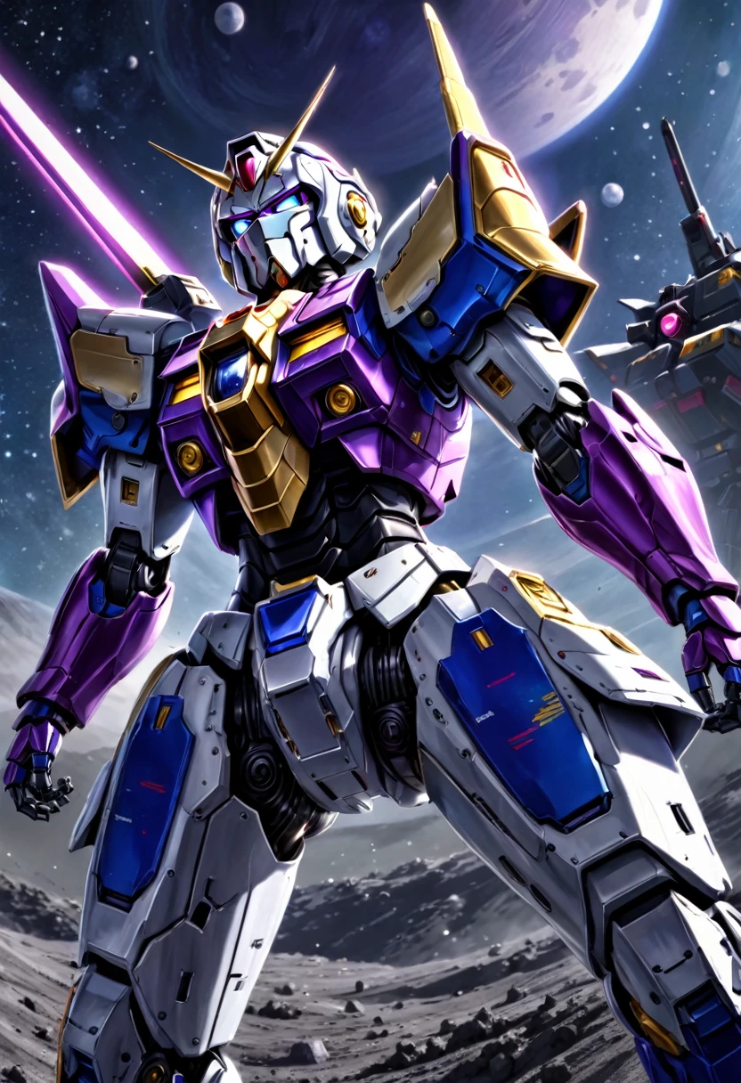a violet gundam robot, samurai-style mecha, staring up, low camera angle behind the gundam looking up, lunar surface, raging battle in space, (best quality,4k,8k,highres,masterpiece:1.2),ultra-detailed,(realistic,photorealistic,photo-realistic:1.37),mecha,science fiction,giant robot,samurai,lunar landscape,space battle,dynamic pose,dramatic lighting,vibrant colors