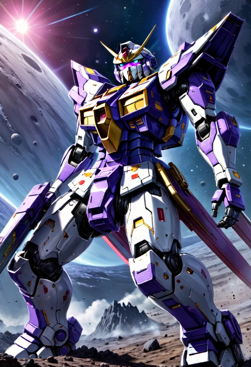 a violet gundam robot, samurai-style mecha, staring up, low camera angle behind the gundam looking up, lunar surface, raging battle in space, (best quality,4k,8k,highres,masterpiece:1.2),ultra-detailed,(realistic,photorealistic,photo-realistic:1.37),mecha,science fiction,giant robot,samurai,lunar landscape,space battle,dynamic pose,dramatic lighting,vibrant colors