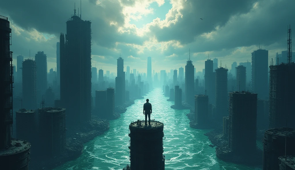 ((flooded city,Very deep water，The flooded world))，Man standing on a tall building，Dark sky，Ruined city，Sunlight shining through dark clouds，Anime style