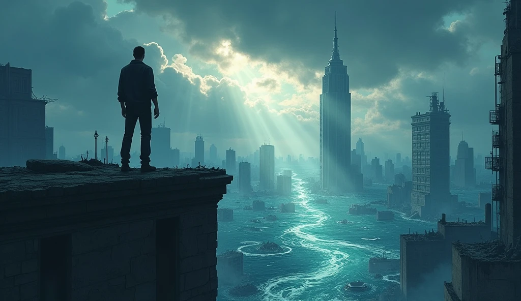 ((flooded city,Very deep water,The flooded world)),Man standing on a tall building,Dark sky,Ruined city,Sunlight shining through dark clouds,Anime style