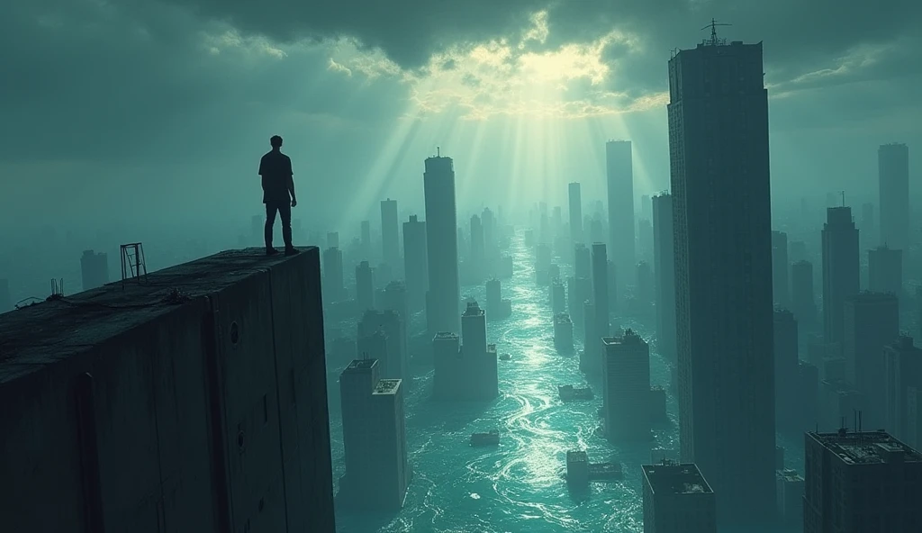 ((flooded city,Very deep water,The flooded world)),Man standing on a tall building,Dark sky,Ruined city,Sunlight shining through dark clouds,Anime style
