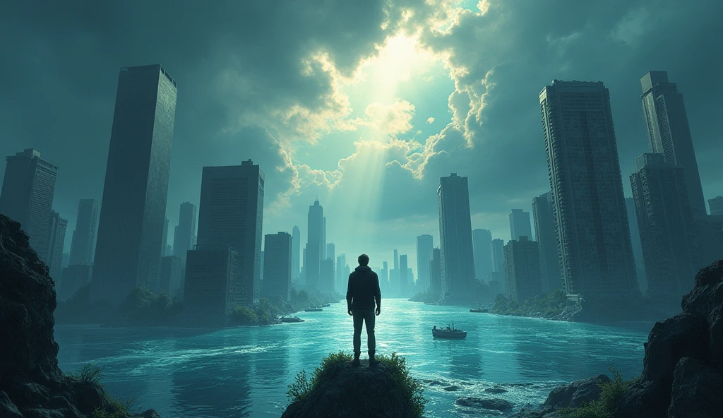 ((flooded city,Very deep water，The flooded world))，Man standing on a tall building，Dark sky，Ruined city，Sunlight shining through dark clouds，Anime style