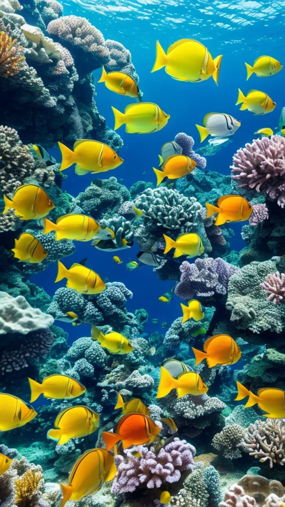 Lots of tropical fish, colorful, In the clear blue sea
