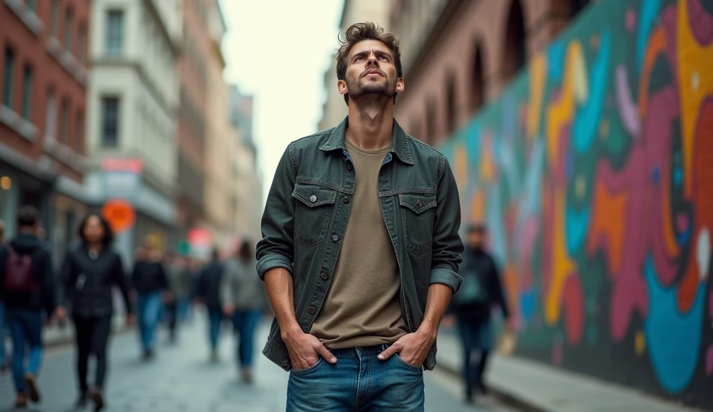 A person is standing and pulling out the pockets of his pants to show that he has no money.