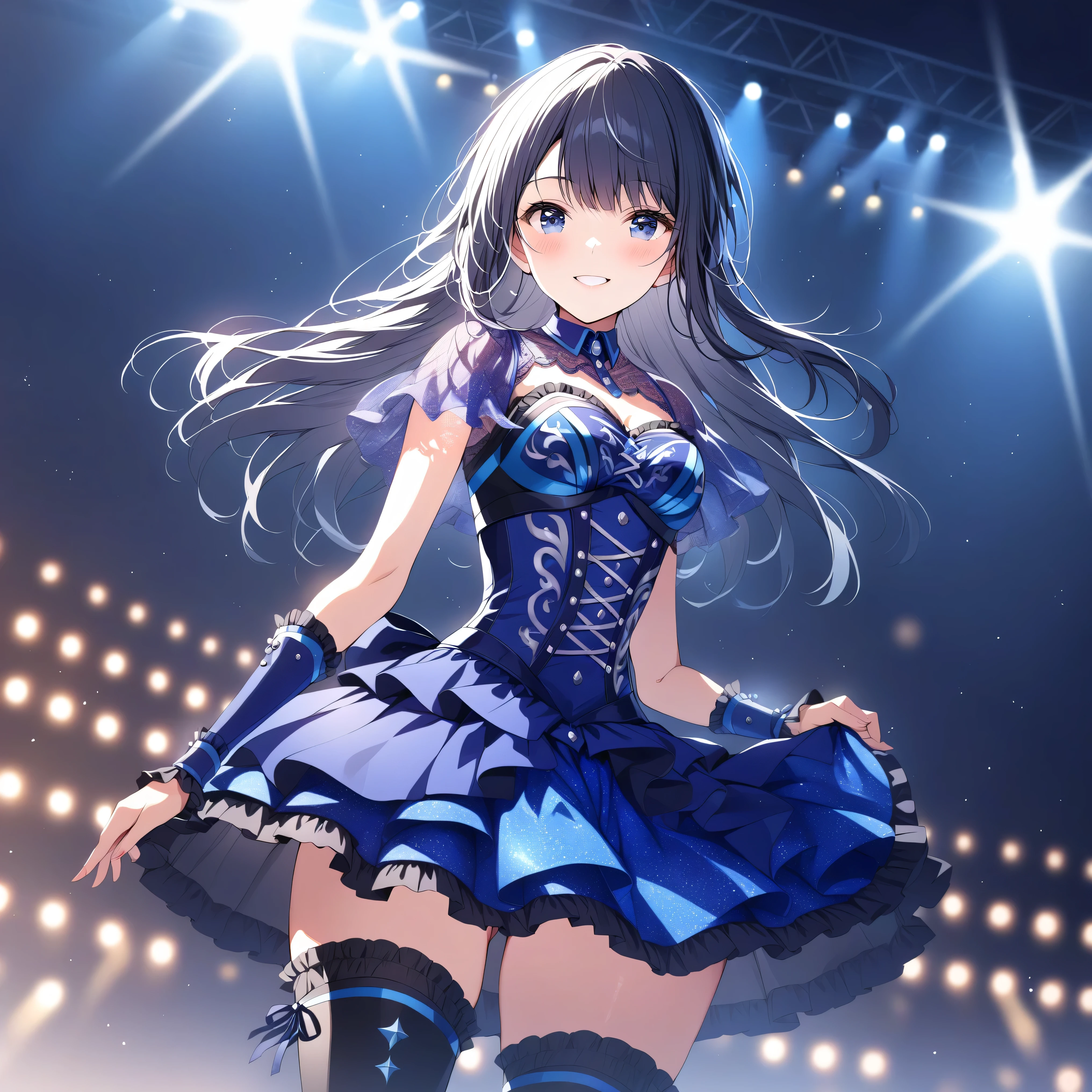 [high quality, best quality], [cinematic], 1girl, solo, nagase kotono, idol costume, black thighhighs, thigh boots, smile, blush, on stage, [bloom, hdr]