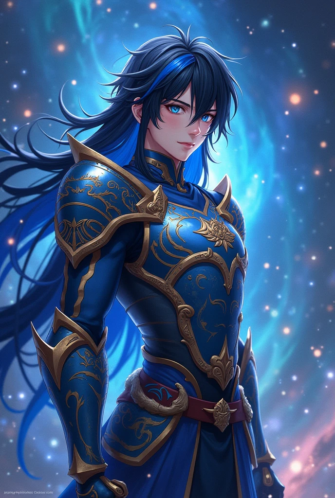 put the name: (The Eminent Divine Spirit), written in the drawing. Create a character, TEENAGE HUMAN MALE WITH ARMOR with JAPANESE ANIME style drawing features, IN a cosmic environment, long black hair with a cobalt blue streak in one hair, cobalt blue eyes.