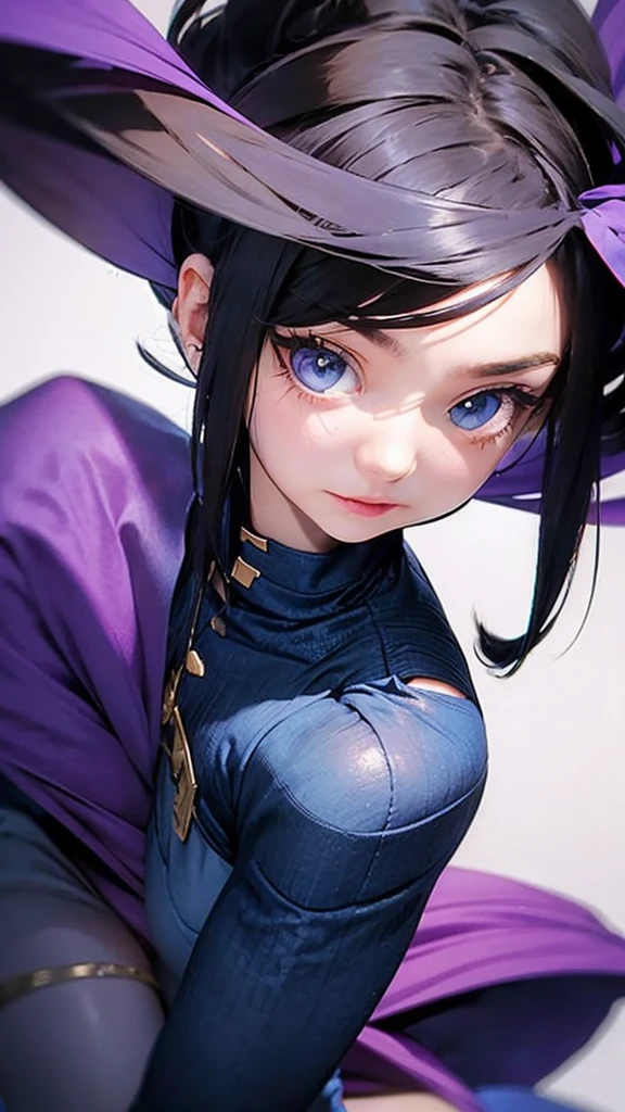 1 girl, Betel, blue colored eyes, bared shoulders, breastsout, medium breastsout, shorth hair, White hair, hair over one eye, bangss, mitts, sleeveless, standing alone, chemise, fingerless mitts, white chemise, sleeveless chemise, arms behind the back, Off The Shoulder, antlers, ssmile, (work of art), (best qualityer), (ultra detaild), Inside the house, simple background, blue flowers,