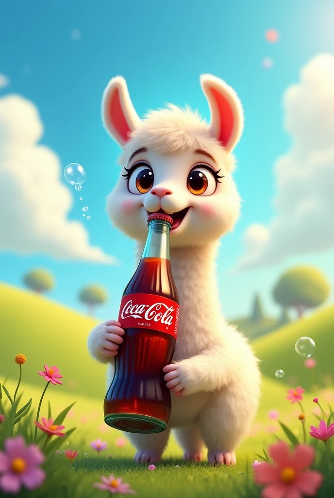 an animated llama drinking coke