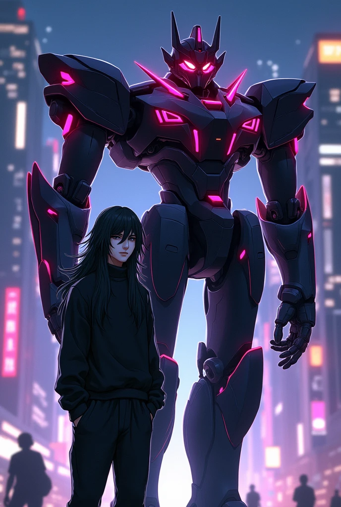An anime character: A white man with dark eyes. your hair is long and black. He wears a black sweatshirt and black baggy pants.. Beside him is a black Mecha with pink details..
