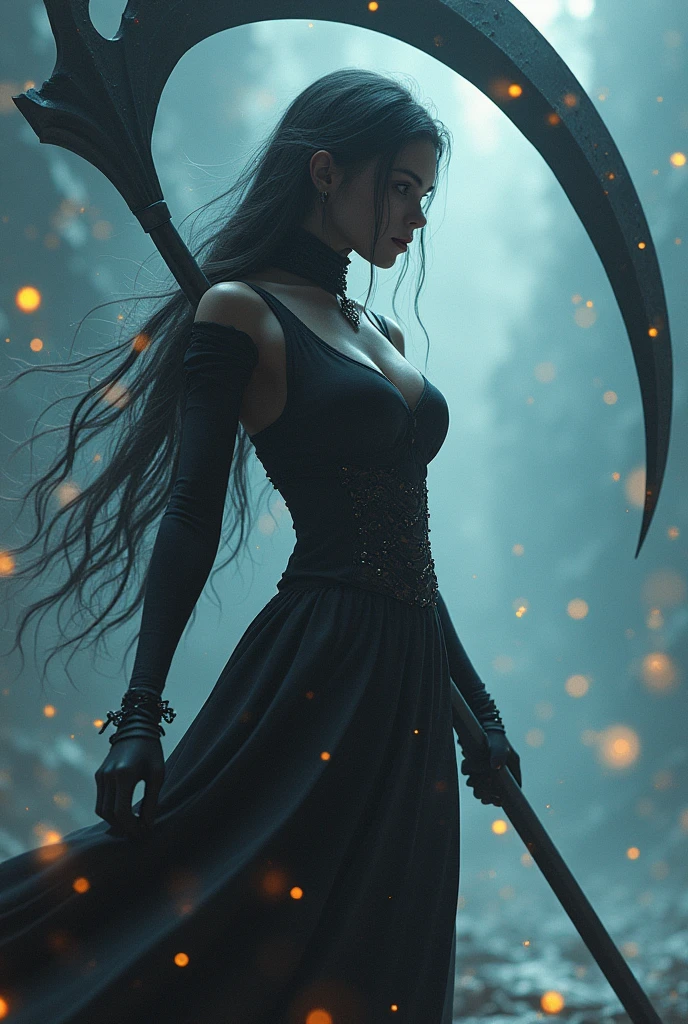 The words "INFINITY" written in large letters at the bottom of the screen, A girl wielding a huge scythe, a scythe larger than her body, ((masterpiece, highest quality, Highest image quality, High resolution, photorealistic, Raw photo, 8K)), ((Extremely detailed CG unified 8k wallpaper)), (huge stunning goddess shot, very hot and sexy, jaw-dropping beauty, perfect proportions, beautiful body, slim body beauty:1.4), A girl wielding a huge scythe, movie poster, (a huge scythe:1.5), 