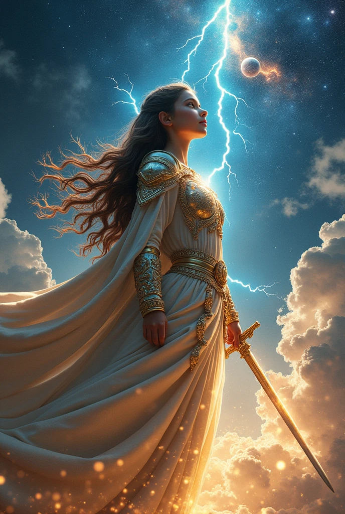 1 girl, ((Our Lady of Guadalupe)), cute face, perfect face, beauty face, very long hair, (silver and gold armor,) (Celestial glow armor), sword on hands, (Lightning and thunder coming out from the armor) , attack position, front pose, Looking at the sky, shine sky, stars, planets, galaxy, Full body view,aquarius  god Cloth 