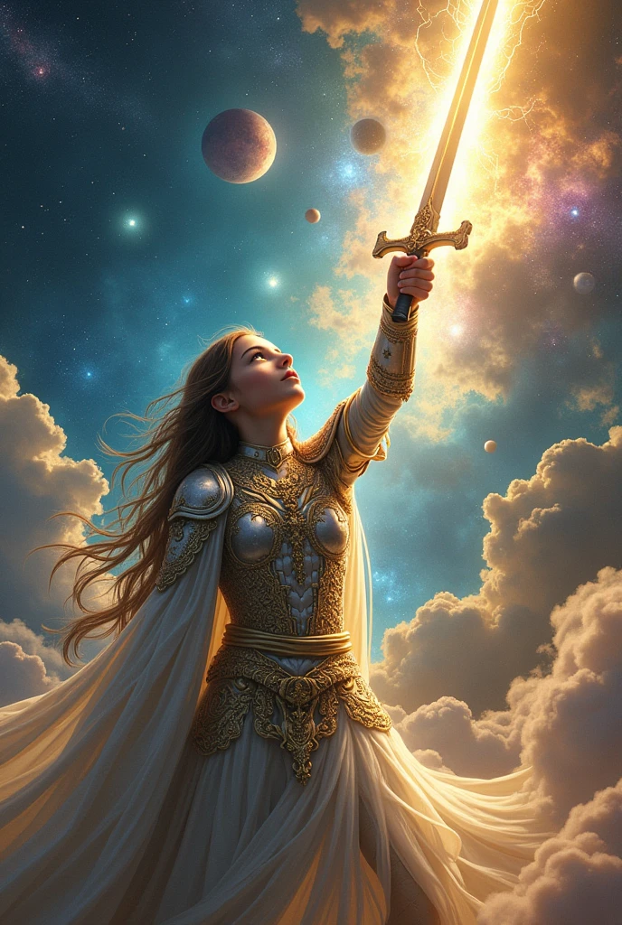 1 girl, ((Our Lady of Guadalupe)), cute face, perfect face, beauty face, very long hair, (silver and gold armor,) (Celestial glow armor), sword on hands, (Lightning and thunder coming out from the armor) , attack position, front pose, Looking at the sky, shine sky, stars, planets, galaxy, Full body view,aquarius  god Cloth 