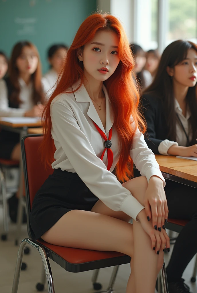 (((photorealistic:1.4))), ultra realistic, pores, (((masterpiece))),high quality, ultra details, realistic smiling white skin beautiful face pretty korean idol adult woman showing very long sharp black fingernails, model, very pretty, vein on hands, wearing highschool outfit, high heels, sitting on the chair, crossed long legs, classroom, college, people arround looking at her, long red hair, very attractive body, side view, looking at camera,