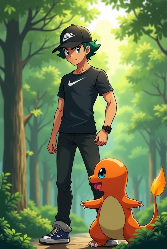 a pokemon trainer with a black cap and a nike shirt
and official pokemon art with good quality and the setting in a forest and next to it a charmander pokemon red and blue oficial hight qualidade