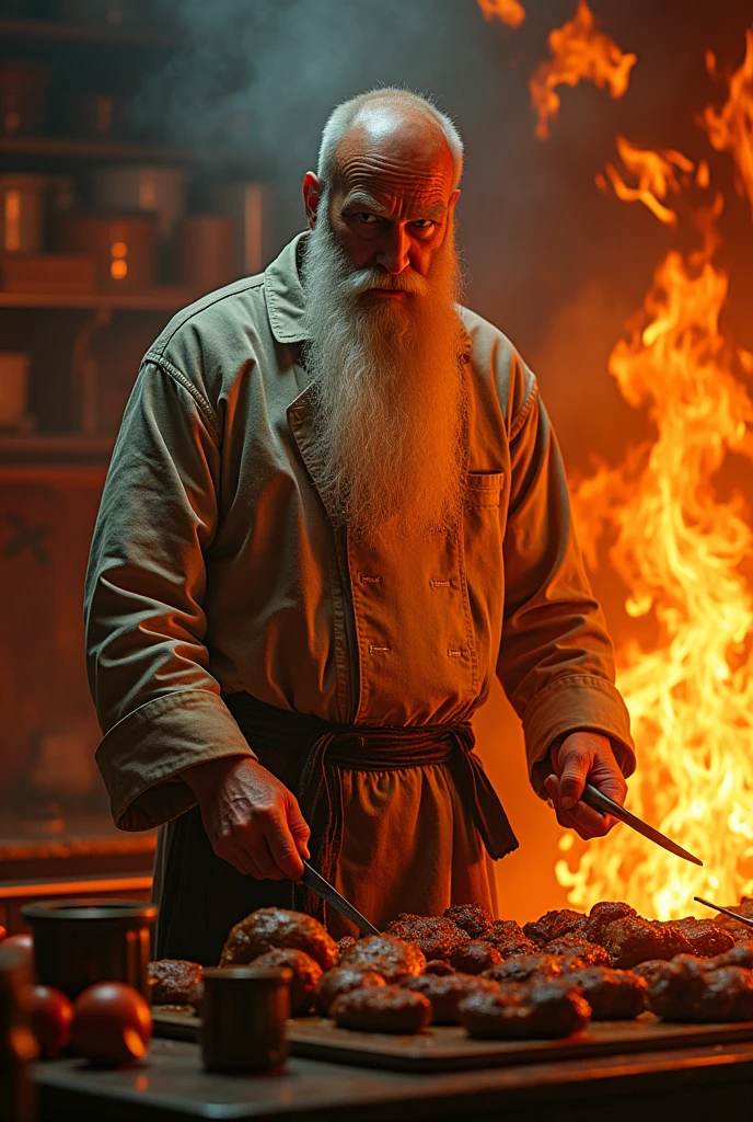 
Character illustrated as a cartoon The Master of Fire: In a hellish kitchen, illuminated by the flames of a stove, an enigmatic wizard is found. His imposing figure, with a worn chef&#39;s jacket, contrasts with the darkness that surrounds it. With a penetrating look and an enigmatic smile, He seems to dominate the flames that consume the meats he cooks.. His white beard waves in time with the heat, while preparing a feast